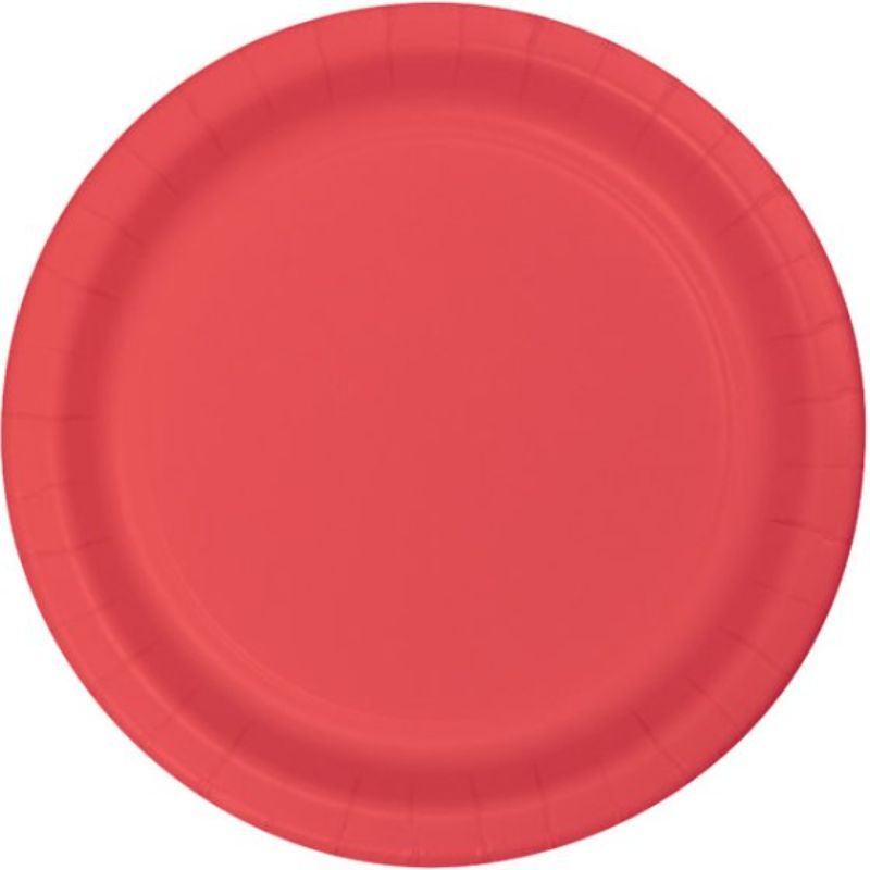 Vibrant coral paper lunch plates, 18cm, eco-friendly, pack of 24, ideal for parties and outdoor gatherings.