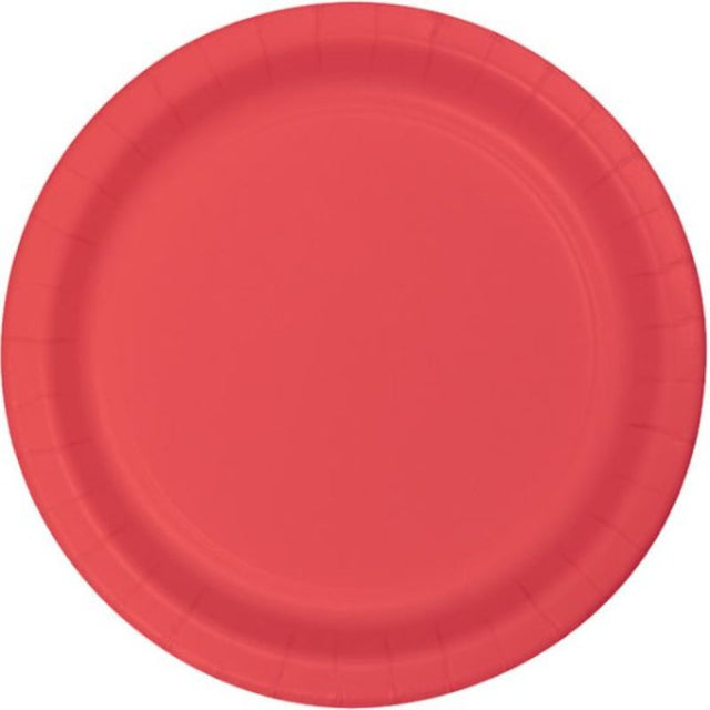 Vibrant coral paper lunch plates, 18cm, eco-friendly, pack of 24, ideal for parties and outdoor gatherings.