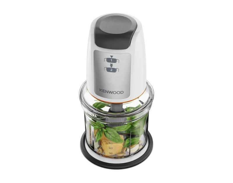 Kenwood EasyChop Mini Chopper in white and grey, featuring a 500ml bowl, Quad Blade™ system, and mayonnaise attachment.