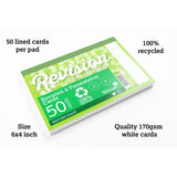 Ruled 6x4 white card pad made from recycled materials, perfect for eco-friendly note-taking and presentations.