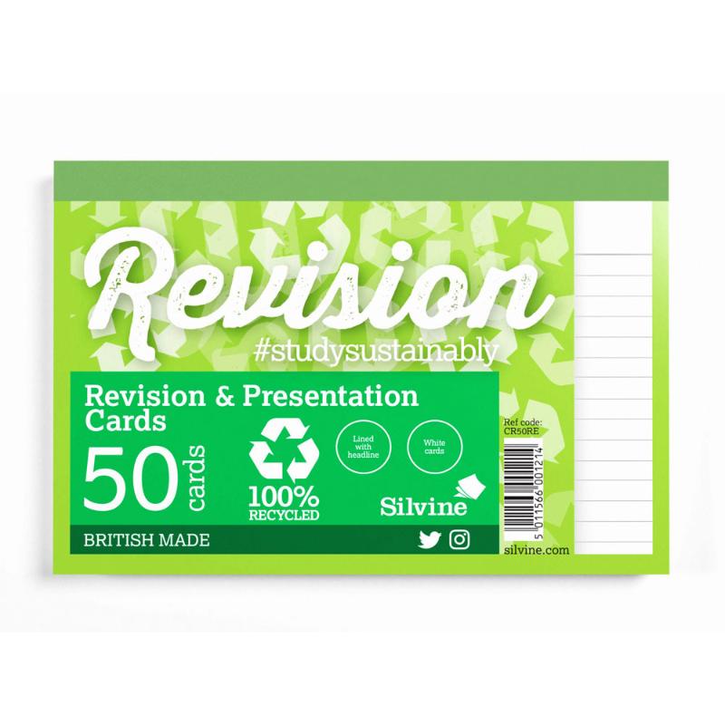 Eco-friendly 6x4 ruled card pad for revision, presentations, and notes; crafted from recycled materials for sustainable use.