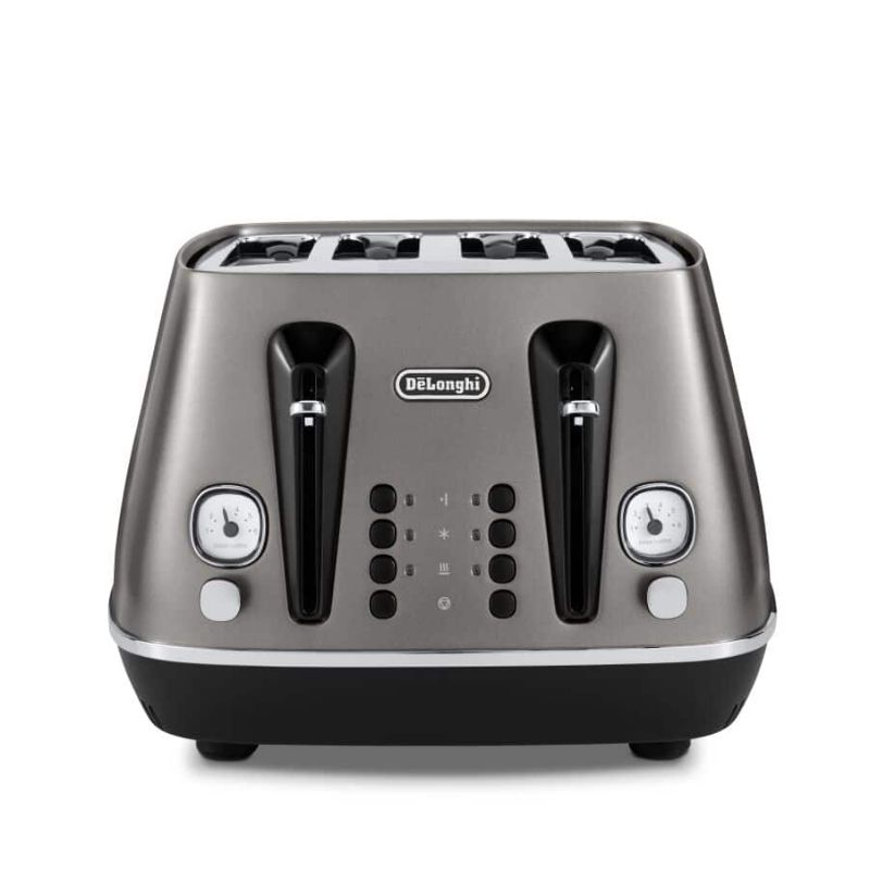 4 Slice De'Longhi Distinta Titanium Toaster with sleek matte finish, wide slots, and customizable browning settings for perfect toast.