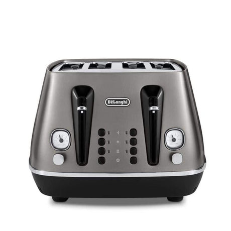 4 Slice De'Longhi Distinta Titanium Toaster with sleek matte finish, wide slots, and customizable browning settings for perfect toast.