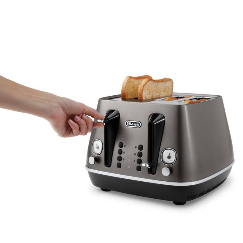 4 Slice Toaster in titanium finish with wide slots, 6 browning settings, and user-friendly features for perfect toast every time.