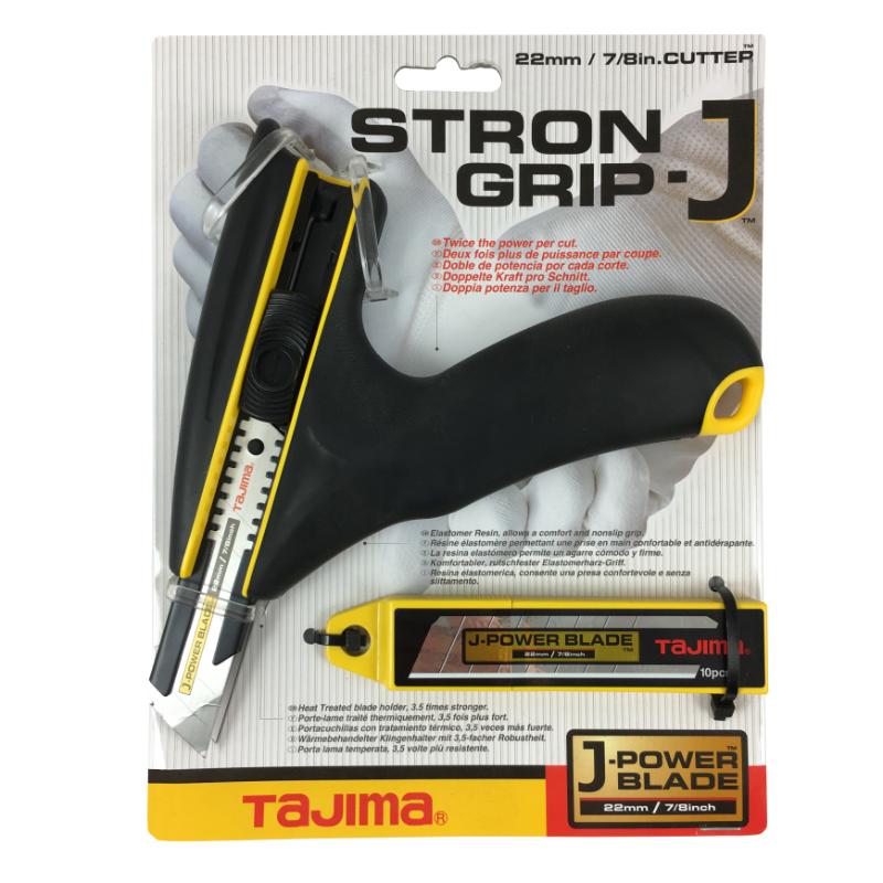 Ergonomic Tajima Strong Grip 22mm cutter with durable stainless steel sleeve and secure blade lock for precision cutting.