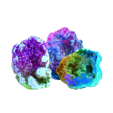 Mini rainbow aura geodes set of 50, showcasing unique iridescent crystals, perfect for decor, crafts, and healing.