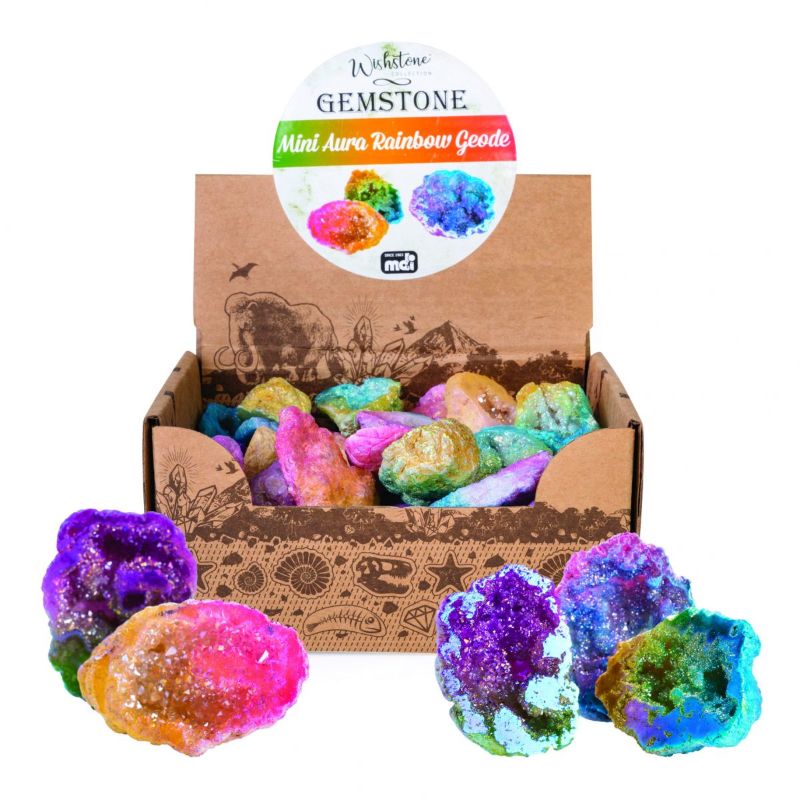 Set of 50 assorted mini rainbow aura geodes, each sparkling with unique crystals and colors, perfect for decor and crafts.