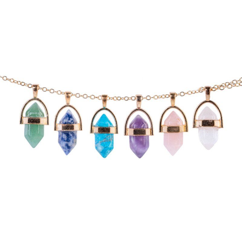 Set of 18 gemstone pendants on delicate chains, promoting healing and balance with various stones like amethyst and rose quartz.