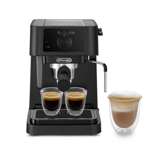 De'Longhi Stilosa Manual Espresso Maker with 15-bar pump, milk frother, and stainless steel boiler for barista-quality drinks.