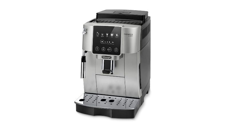 De'Longhi Magnifica Start espresso machine in silver-black with integrated grinder and milk frother for barista-quality coffee at home.