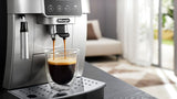 De'Longhi Magnifica Start Silver Black: a compact espresso machine with 13 grind settings, customizable controls, and sleek design.