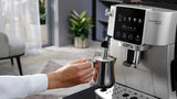 De'Longhi Magnifica Start Silver Black: A sleek 15-bar espresso machine with integrated grinder and milk frother for personalized coffee.