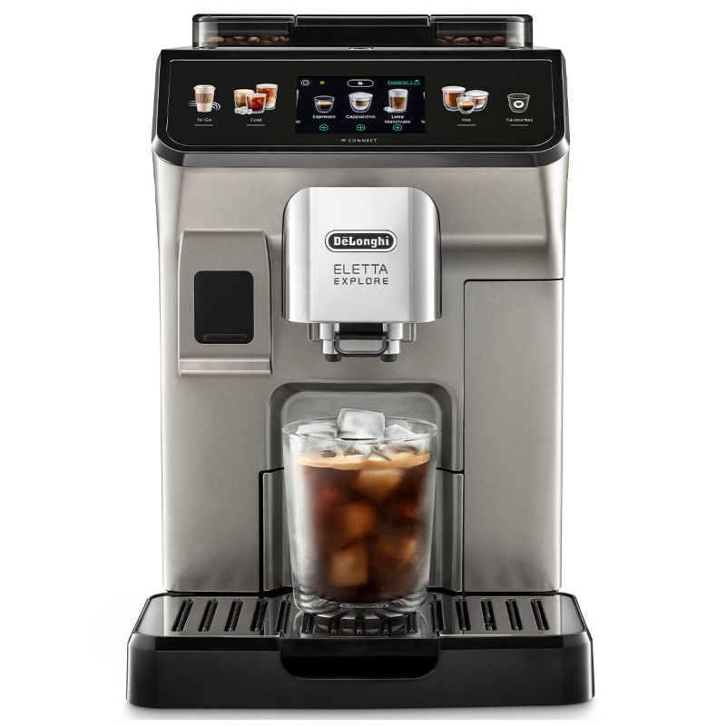 De'Longhi Eletta Explore Titanium Coffee Machine with WiFi, featuring milk frother, TFT display, and iced coffee capabilities.