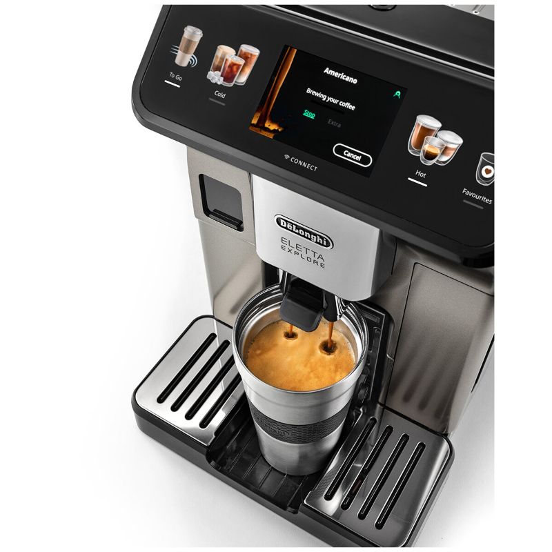 De'Longhi Eletta Explore Titan Coffee Machine with sleek design, Wifi connectivity, and effortless iced coffee brewing features.