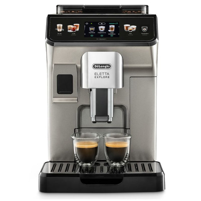 De'Longhi Eletta Explore Titanium Coffee Machine with Wifi, featuring a sleek design and advanced brewing options for hot and iced drinks.