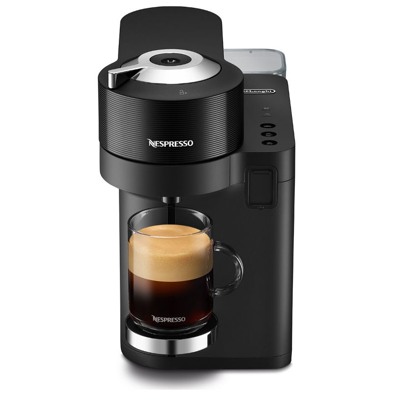 Sleek black De'Longhi Vertuo Lattissima Nespresso machine with integrated milk frother for espresso, cappuccino, and latte.