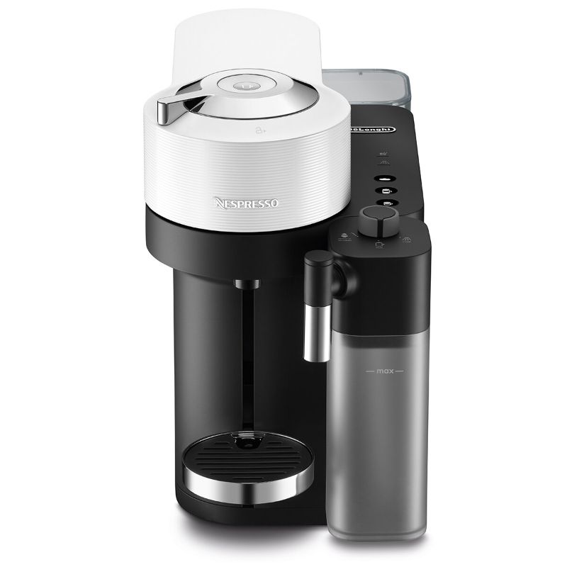 Nespresso De'Longhi Vertuo Lattissima in white, featuring integrated milk frother, intuitive controls, and Centrifusion technology.