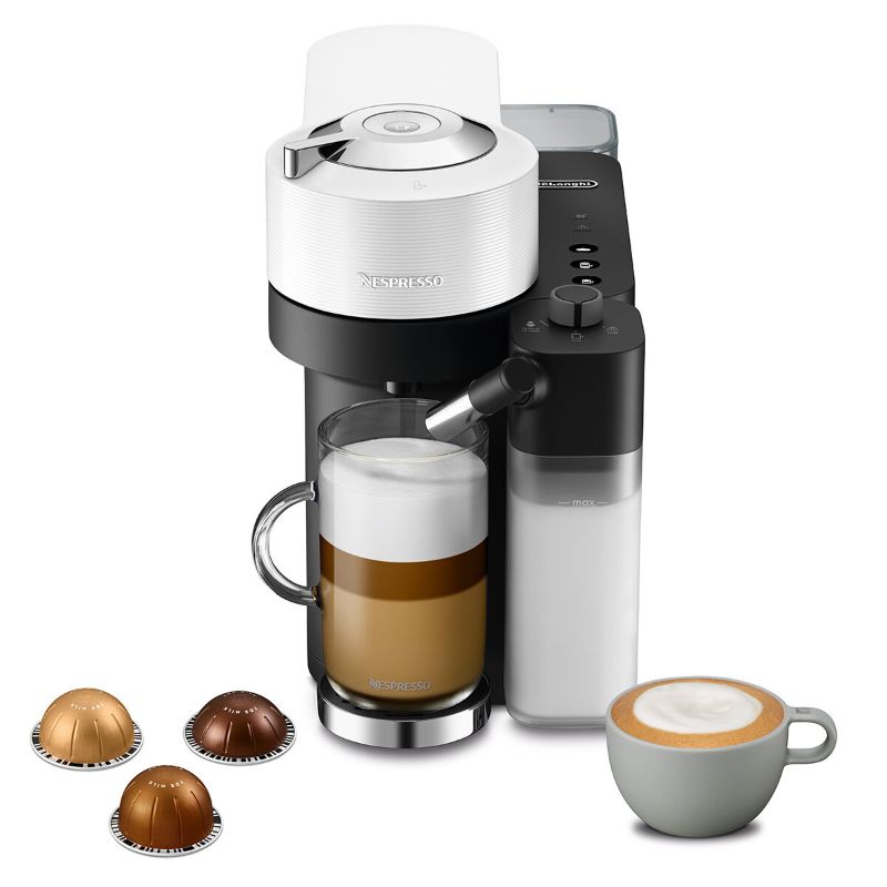 Nespresso De'Longhi Vertuo Lattissima in white, a stylish coffee machine with integrated milk frother for barista-quality drinks.