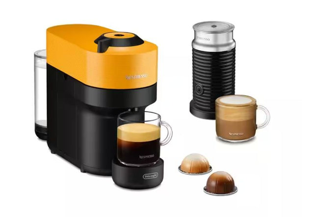 Nespresso De'Longhi Vertuo POP in vibrant yellow, compact design, 5 cup sizes, Bluetooth, Wi-Fi, and includes Aeroccino 3 frother.