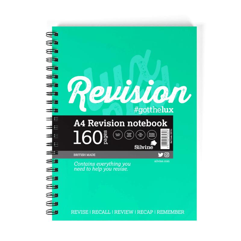 Luxpad Revision Notebook A4 with 160 pages, wiro bound, laminated cover, and unique study layout for effective note-taking.