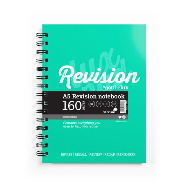 A5 Luxpad Revision Notebook with 160 pages, wiro-bound design, laminated covers, and pre-printed study layouts.