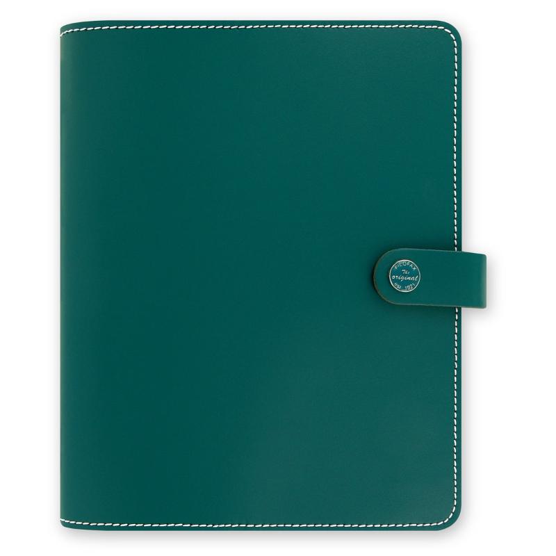 Aqua leather Filofax A5 organizer with strap closure, 25mm rings, and multiple pockets for planning and notes.