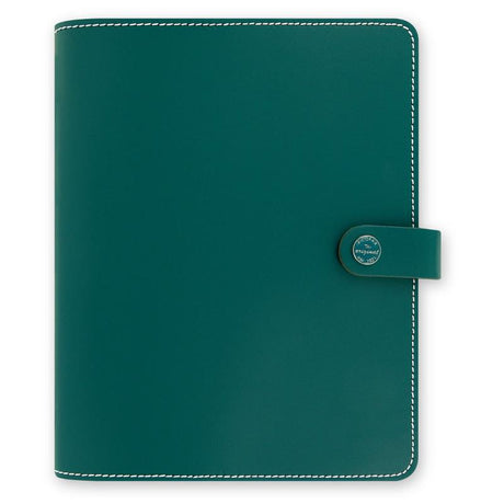 Aqua leather Filofax A5 organizer with strap closure, 25mm rings, and multiple pockets for planning and notes.