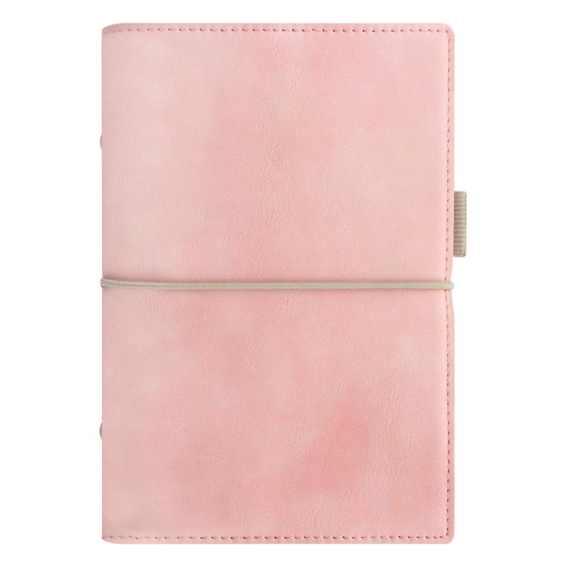 Pale pink faux-leather Filofax organiser with contrast stitching, elastic closure, and spacious pockets for efficient planning.