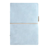 Pale blue faux-leather Filofax organiser with multiple pockets, elastic pen loop, and useful inserts for stylish planning.