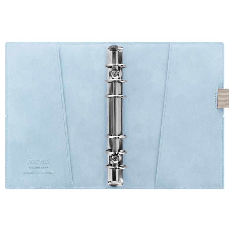 Pale blue faux-leather Filofax organiser with elegant stitching, featuring card pockets, a pen loop, and useful inserts.