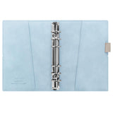 Pale blue faux-leather Filofax organiser with elegant stitching, featuring card pockets, a pen loop, and useful inserts.