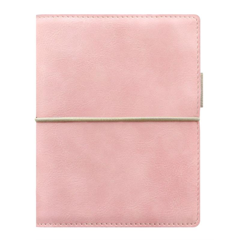 Pale pink Filofax Domino Soft Pocket organiser with a leather-like finish, featuring an elastic closure and versatile interior pockets.