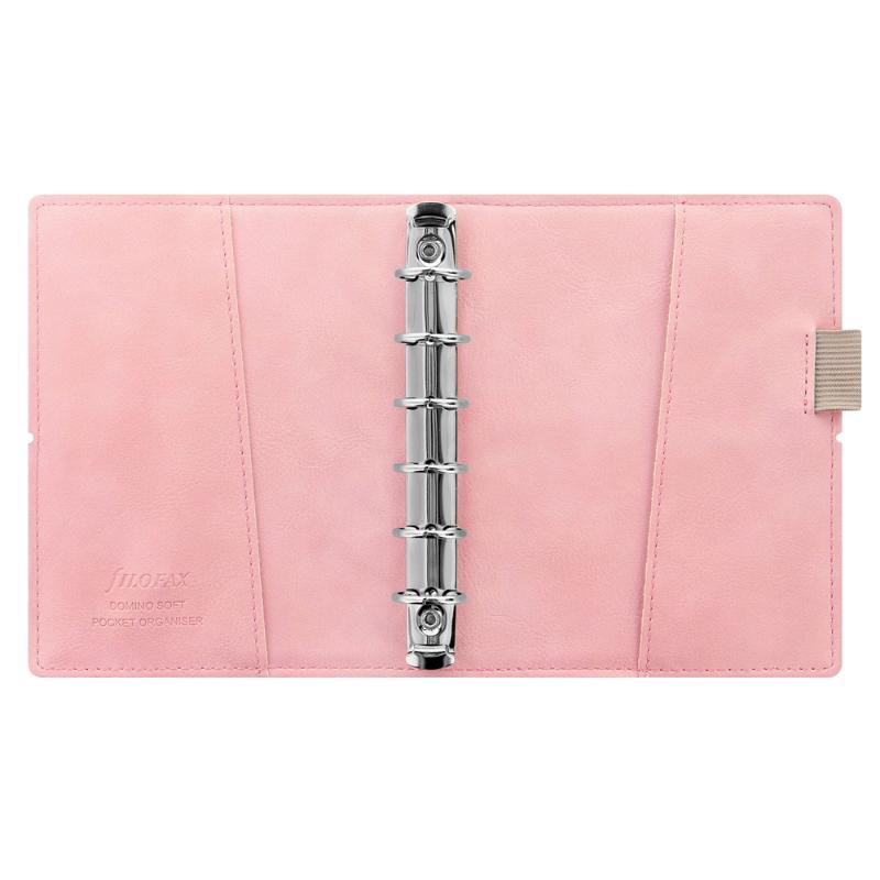 Pale pink Filofax Domino Soft Pocket organiser with leather-like cover, elastic closure, and versatile internal storage features.