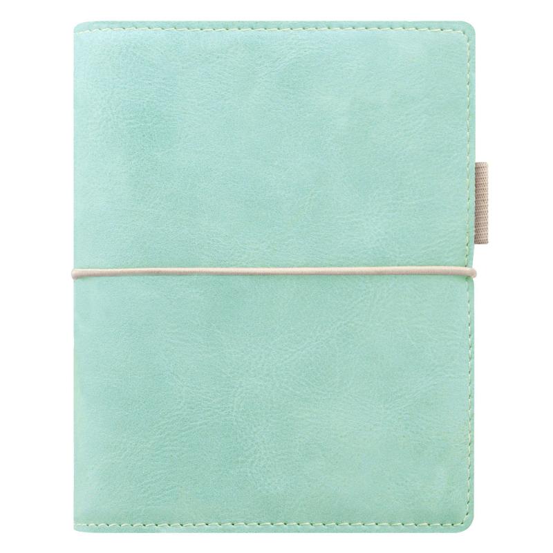 Filofax Domino Soft Pocket in Duck Egg with faux-leather cover, elastic closure, and organized interior for stylish productivity.