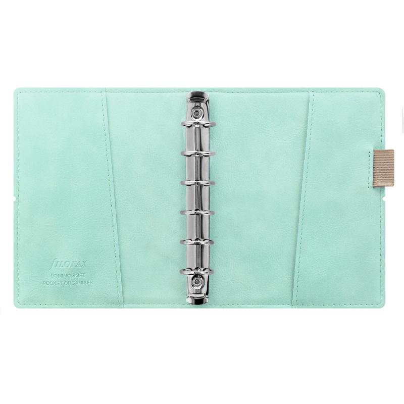 Filofax Domino Soft Pocket in Duck Egg, featuring a faux-leather cover, elastic closure, and ample organizational tools inside.