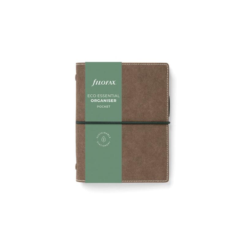 Filofax Eco Essential Pocket Organiser in dark walnut, crafted from 100% cellulose fibre, featuring elastic closure and pen loop.