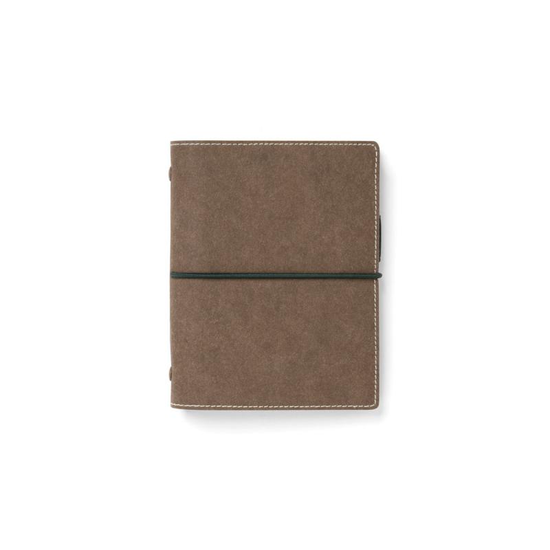 Filofax Eco Essential Pocket Organiser in Dark Walnut, featuring vegan paper, elastic closure, pen loop, and sustainable design.