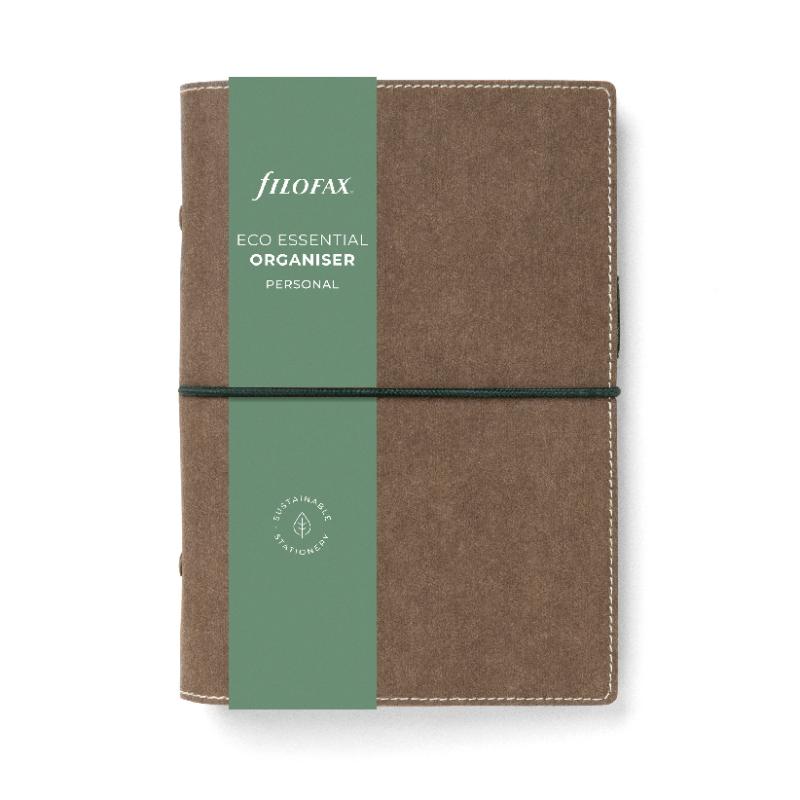 Filofax Eco Essential Personal Organiser in Dark Walnut, vegan material, elastic closure, pen loop, and eco-friendly paper fill.