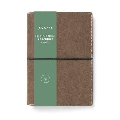 Filofax Eco Essential Personal Organiser in Dark Walnut, vegan material, elastic closure, pen loop, and eco-friendly paper fill.