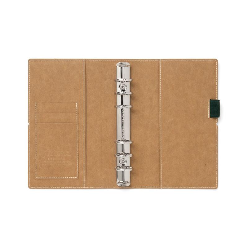 Filofax Eco Essential Personal Organiser in Dark Walnut, featuring vegan material, elastic closure, pen loop, and eco-fill.