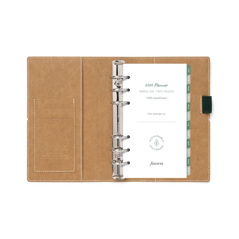 Filofax Eco Essential Personal Organiser in Dark Walnut, featuring vegan material, elastic closure, and eco-friendly inserts.