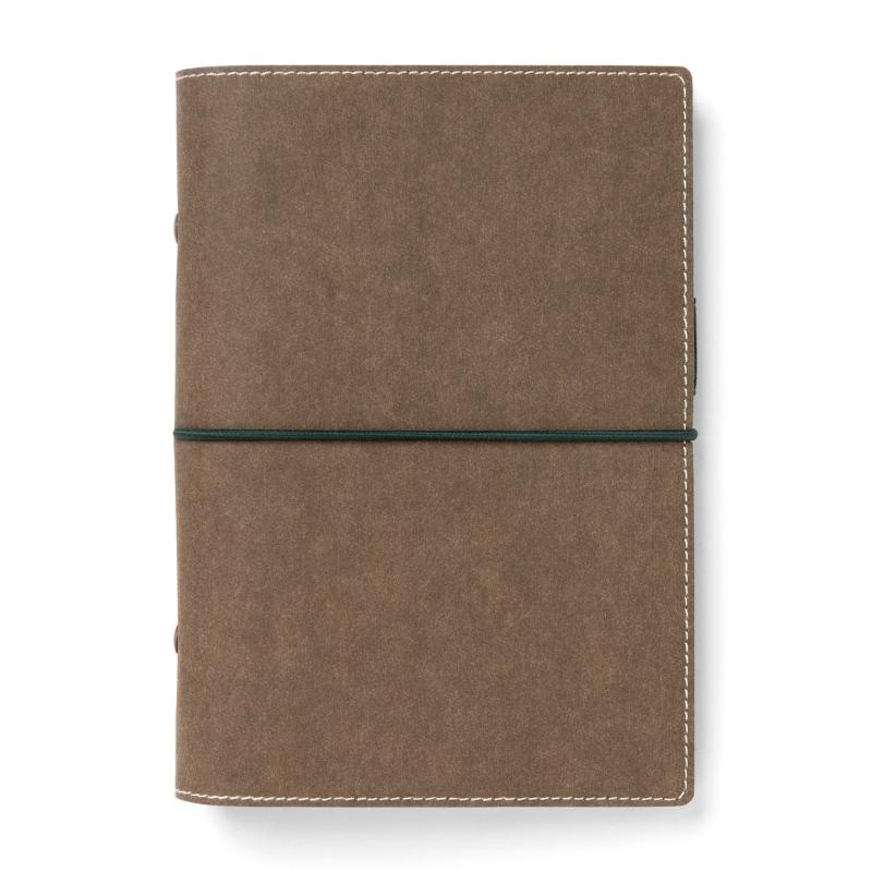 Filofax Eco Essential Personal Organiser in Dark Walnut, featuring vegan material, elastic closure, and internal pockets for eco-friendly planning.