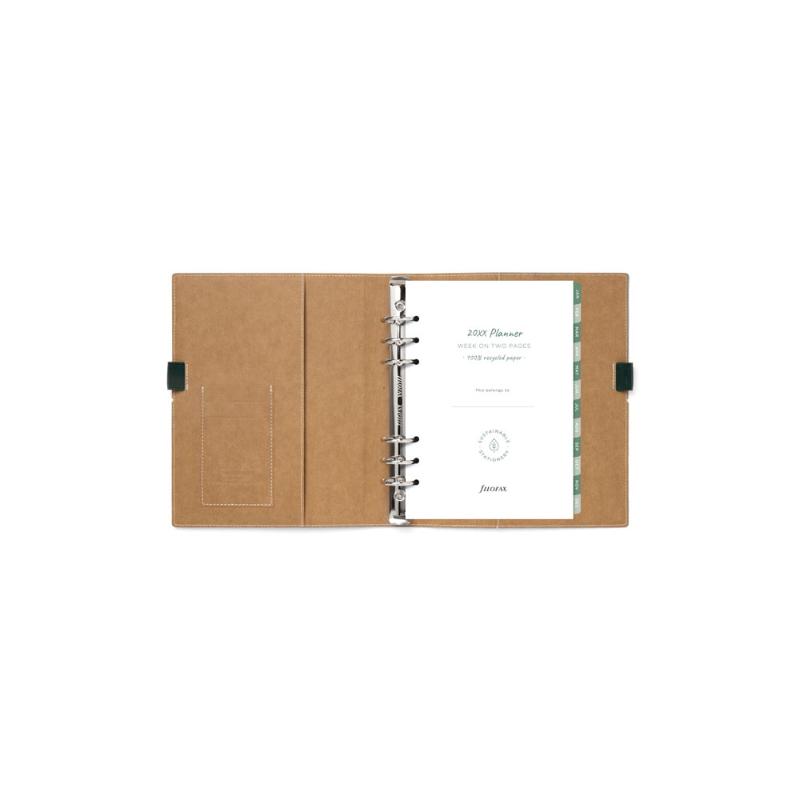 Filofax Eco Essential A5 Organiser in Dark Walnut, featuring a vegan paper cover, elastic closure, and eco-friendly refill.