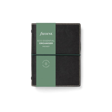 Elegant ebony pocket organiser made from 100% cellulose fibre, featuring elastic closure, pen loop, and eco-friendly paper refill.