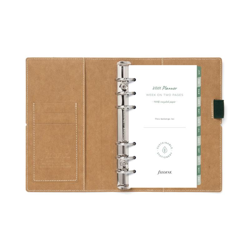 Filofax Eco Essential Personal Organiser in ebony, featuring vegan material, elastic closure, pen loop, and recycled paper inserts.