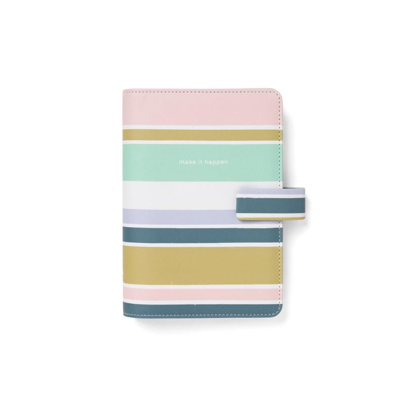 Vibrant Filofax Organiser in Stripes, featuring textured cover, elastic closure, internal pockets, and fountain-pen friendly paper.