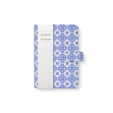 Filofax Mediterranean Personal Blue organiser with smooth patterned cover, strap closure, internal pockets, and eco-friendly paper insert.