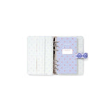 Elegant blue Filofax organiser with smooth patterned cover, strap closure, and internal pockets for stylish daily planning.