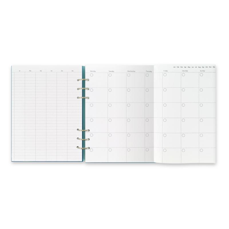 Filofax Clipbook A5 in Petrol Blue, featuring a leather-look cover, flexible capacity, and includes various planning sheets.