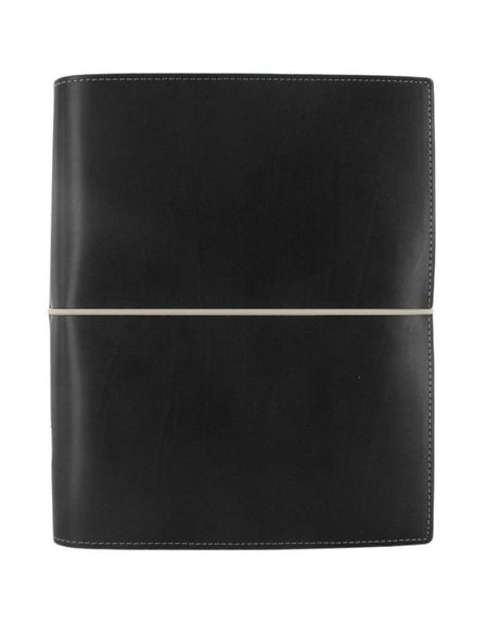 Filofax A5 Domino Organiser in black faux-leather, featuring strap closure, multiple pockets, and assorted planning papers.